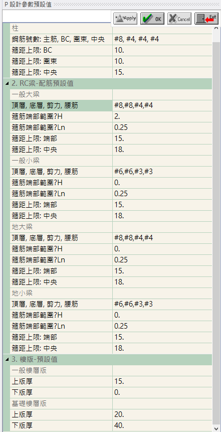 P 設計參數預設值